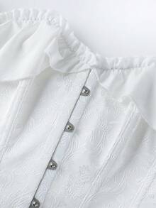 Women's White Floral Jacquard Fitted Bustier Top, Halloween Cosplay Off-Shoulder Ruffle Front Button Boned Tube Top, Slim Fit Party Outing Top - White - View 6