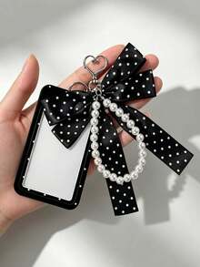 Polka Dot Card Holder With Bow Pearl Keychain,Y2k Photocard Holder, Cute Id Card Protector,Stylish Bag Pendant,Personalized Card Holder, Students Gift - Multicolor - View 2