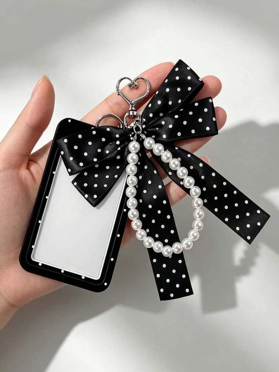 Polka Dot Card Holder With Bow Pearl Keychain,Y2k Photocard Holder, Cute Id Card Protector,Stylish Bag Pendant,Personalized Card Holder, Students Gift - Multicolor - View 1