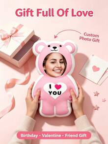 1pc Customized Photo Pillow Cushion Personalized Design Fun - Double-Sided Photo Printing, Soft And Interesting Fabric, Ideal Gift For Birthday And Holidays - Pink Bear - View 4