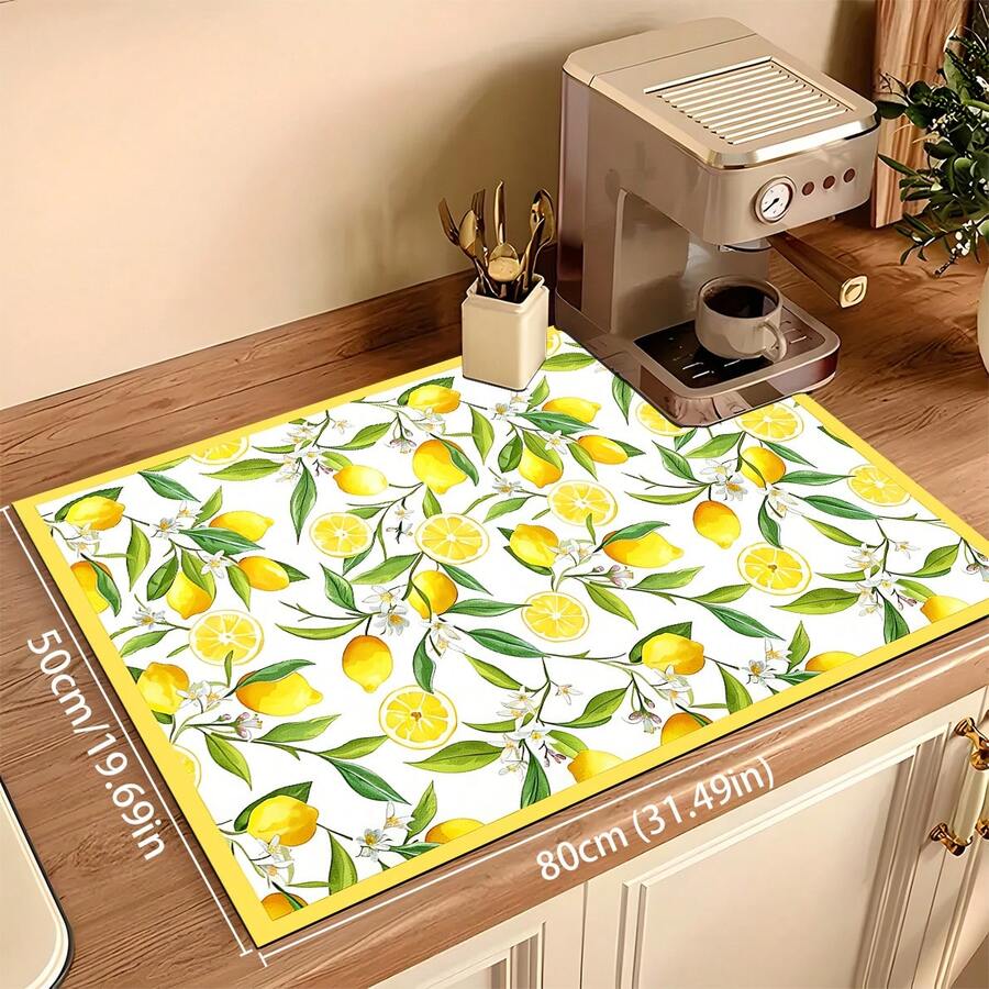 1 buah Keset Penyerap Air Motif Bunga Lemon dari Tanah Diatom, Keset Pengering Penyerap Air untuk Meja Dapur, Keset Mesin Kopi, Keset Teko Kopi Tuang, Keset Pengering Piring, Keset Dapur Anti Selip Tahan Panas, Keset Meja Makan, Keset Sarapan, Keset Mesin Cuci, Keset Dekoratif untuk Rumah, Dapur, Meja Makan, Kedai Kopi, Bar, Hadiah Pesta Liburan atau Pesta Pindah Rumah - MultiWarna - View 1