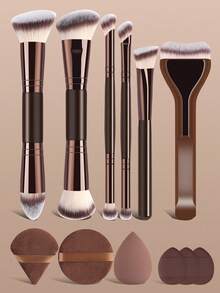 12pcs Makeup Brush Set, 6 Makeup Brushes, Basic Flat And Round Head Makeup Brushes, Suitable For Liquid Foundation, Loose Powder, Blush, Eyeshadow, Includes 6 Makeup Sponges, Easily Create Flawless And Smooth Makeup, Suitable For Travel, Party, Touch-Up, Gift, Personal Use And Other Occasions, Professional And Practical Makeup Brushes, Complete Makeup Tool Set - Coffee Brown - View 14