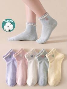 5/10 Pairs Women's Sweet Heart Short Socks, Cotton Socks, Soft And Breathable, Personalized, College Style, Suitable For Home, Commute, Holiday Gifts - Multicolor - View 1