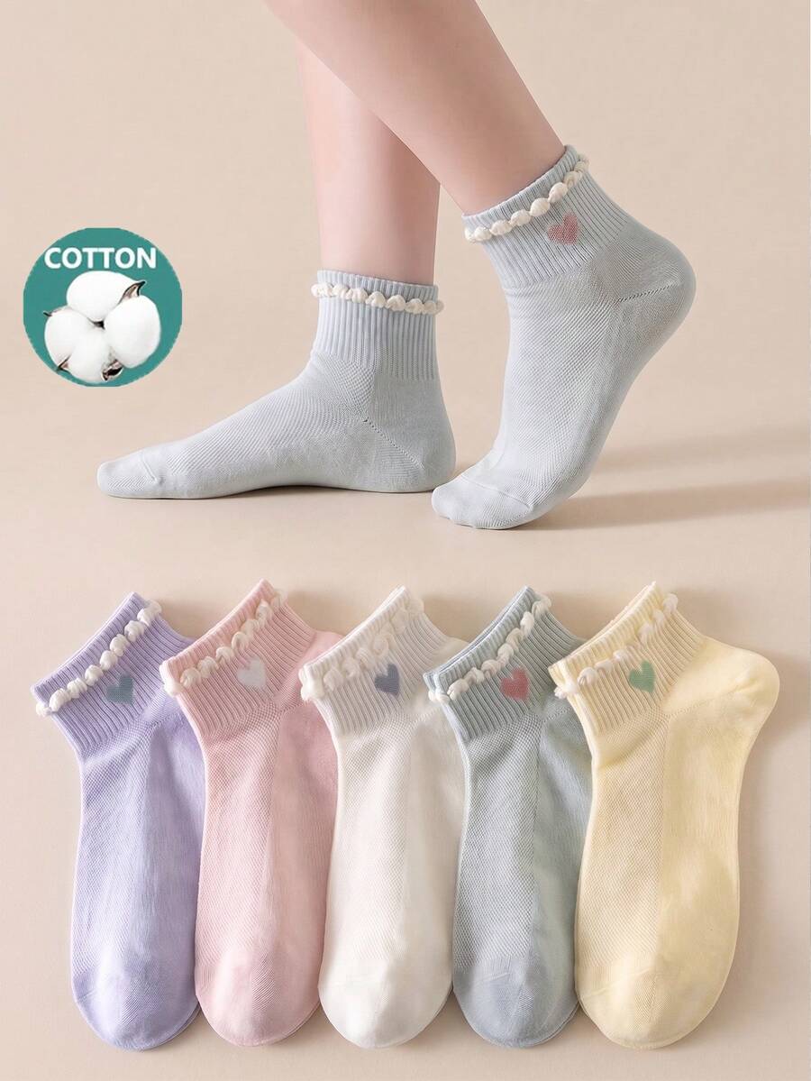 5/10 Pairs Women's Sweet Heart Short Socks, Cotton Socks, Soft And Breathable, Personalized, College Style, Suitable For Home, Commute, Holiday Gifts - Multicolor - View 1