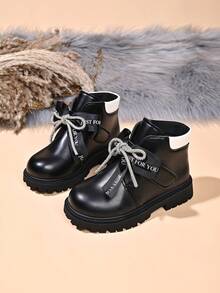 Girls' Colorblock Collar Ankle Boots, Autumn/Winter New Hook-And-Loop Thick Sole Anti-Slip Simple Versatile Fashion Casual Boots - Black - View 3