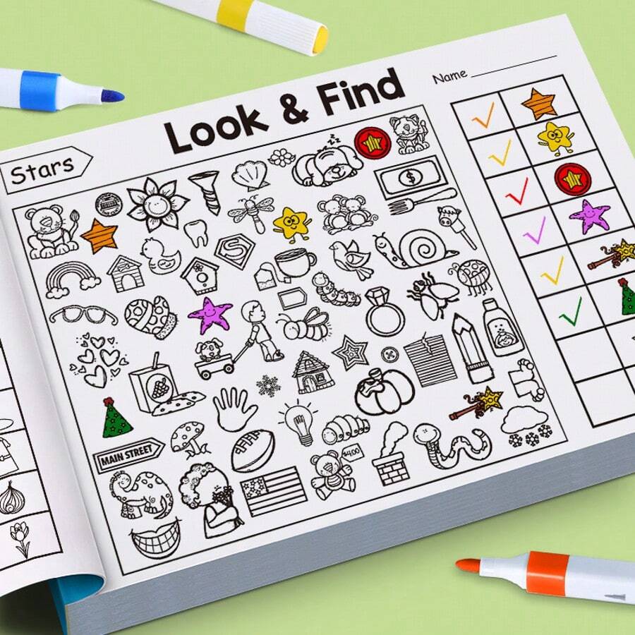 1pc Kids Look And Find Activity Book, Shape & Color Search Puzzle Workbook, Toddler Early Learning Educational Toy, Observation Training, Stress Relief Quiet Game, Indoor Travel Portable Activity, Preschool Learning Gift For Boys Girls Ages 3+