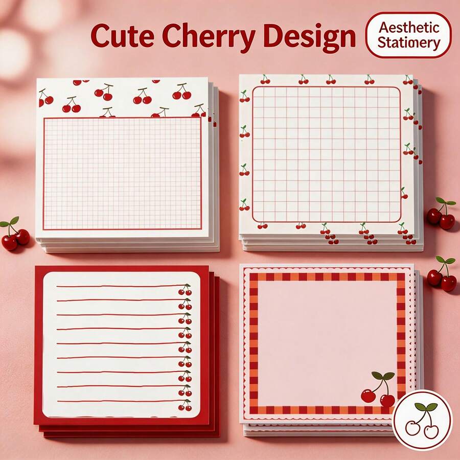 4pcs/Set (200 Lembar) Catatan Tempel Motif Ceri, 3x3 Inci, 4 Desain, 50 Lembar Per Desain, Bantalan Memo Perekat, Cocok Untuk Sekolah, Kantor, Perlengkapan Rumah, Hadiah untuk Siswa dan Guru, Hadiah Kembali ke Sekolah