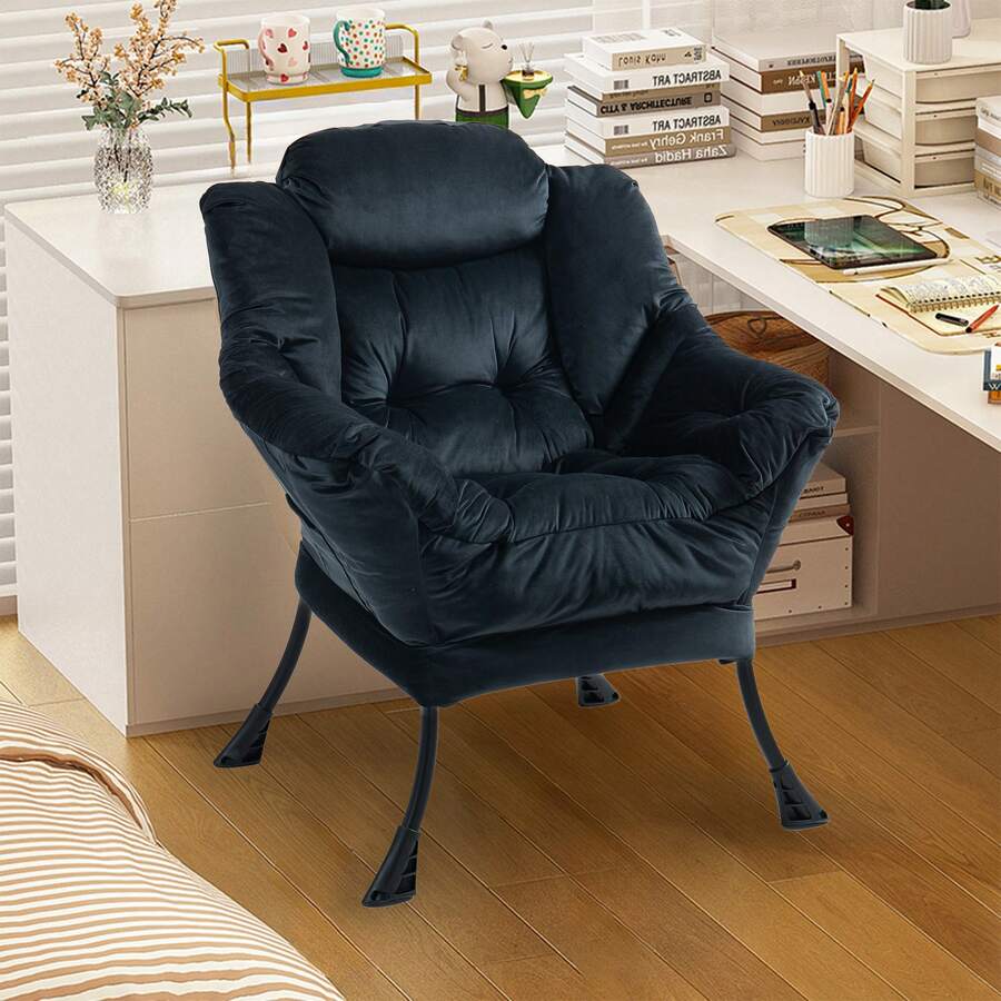 Lazy Chair, Relaxing Chair With Metal Frame And A Side Pocket, Simple Style Comfy Chairs For Bedrooms Living Room Balcony - 黑色 - 查看 1