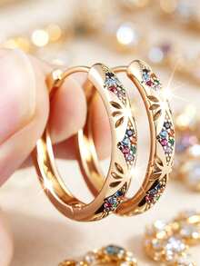 Fashion Copper-Gold Rhodium-Plated With Colorful Zirconia Hollow Ear Ring For Women - Unique Earrings - Multicolor - View 1