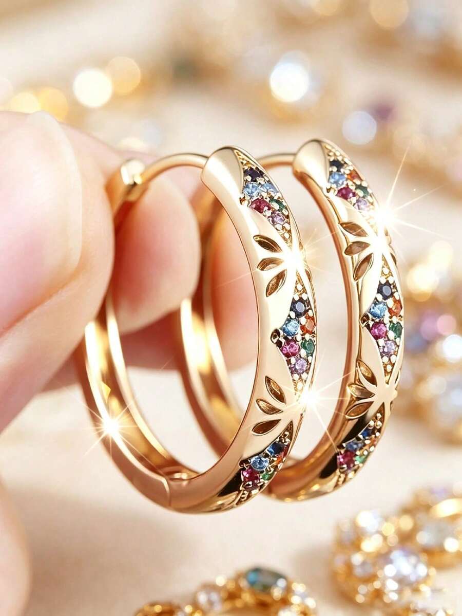 Fashion Copper-Gold Rhodium-Plated With Colorful Zirconia Hollow Ear Ring For Women - Unique Earrings - Multicolor - View 1
