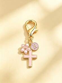 1pc New 26 English Letter Optional Enamel Drip Oil Cross & Cherry Blossom Pendant, Gold Lobster Clasp Detachable Bag Charm, Girls' Portable Key Decoration Small Gift - Pink - View 20