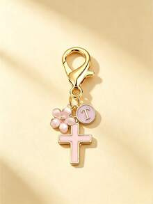 1pc New 26 English Letter Optional Enamel Drip Oil Cross & Cherry Blossom Pendant, Gold Lobster Clasp Detachable Bag Charm, Girls' Portable Key Decoration Small Gift - Pink - View 25