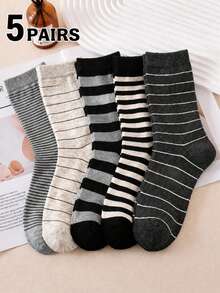 3/5/10 Pairs Random Assorted Unisex Retro Grey Tone Thick & Thin Horizontal Striped Ribbed Skin-Friendly Durable Comfortable Breathable Korean Minimalist Mid-Calf Socks For Daily Wear, Home, Commuting, Holiday Gifts, Office - Multicolor - View 10