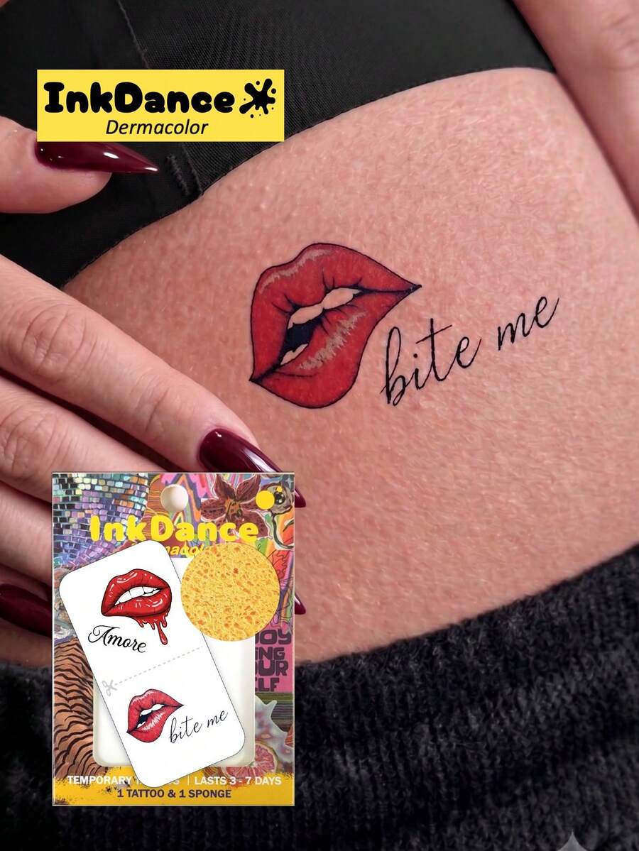 1 Kit "Bite Me Lip" Sexy Lips Flirty Y2K Body Art Temporary Tattoos Waterproof Long-Lasting Fake Tattoos For Men Women, Easy To Apply And Remove InkDance Ink Dance CSX004 - Multicolor - View 1