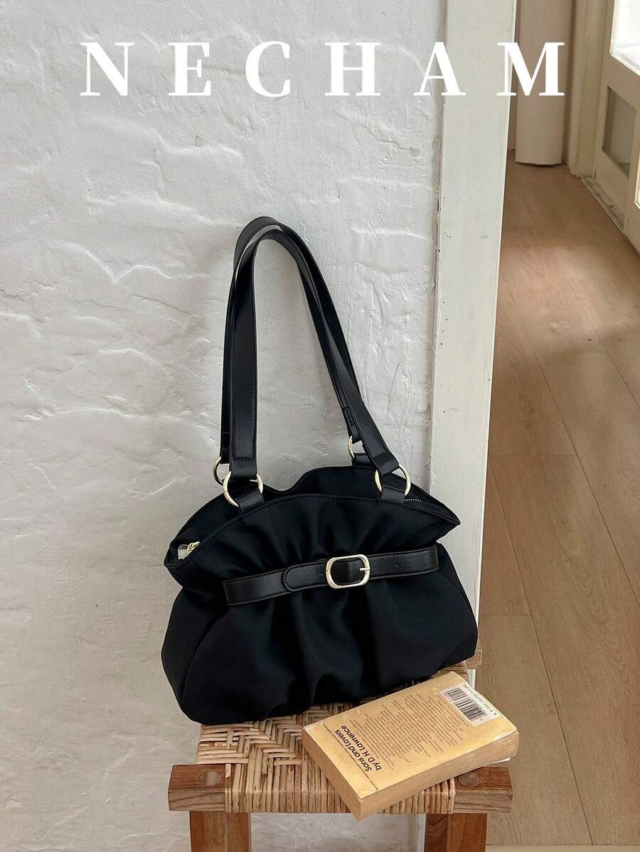 1pc Korean Style Polka Dot Highly Attractive Niche Shoulder Bag With Exquisite Buckle Design Tote Bag - Black - View 1
