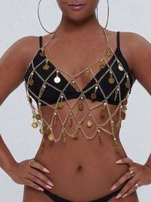 Vintage Coin Pendant Mesh Body Chain, Neck Hanging Tassel Gold Chest Chain, Vacation Bikini Sexy Accessory - Gold - View 10