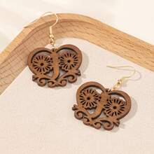 Women's Personalized Initial Wooden Earrings, Hollow Heart Daisy Flower Pattern 26 Letter Dangle Earrings - Brown - View 25