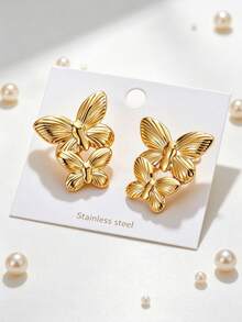1 Pair Double Layer Embossed Butterfly Stud Earrings, 304 Stainless Steel Hypoallergenic Romantic Personalized Jewelry, Women's Daily & Date Wear - Gold - View 1