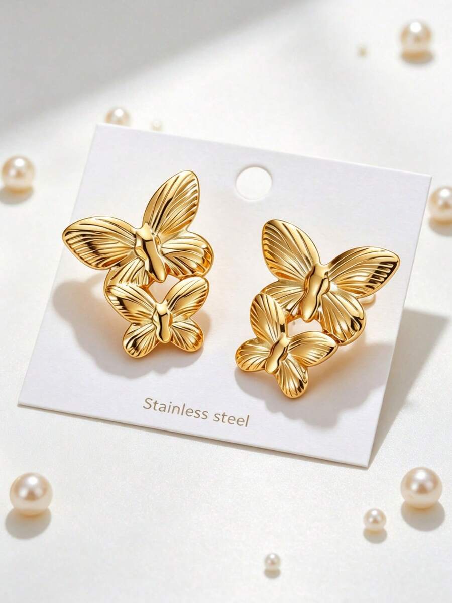 1 Pair Double Layer Embossed Butterfly Stud Earrings, 304 Stainless Steel Hypoallergenic Romantic Personalized Jewelry, Women's Daily & Date Wear - Gold - View 1