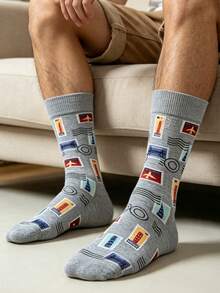 1/3/6 Pairs Men's Vintage Travel Stamp Pattern Crew Socks,Soft Breathable Novelty Airplane Landmark Postage Dress Socks,For Daily Wear&Back‑To‑School - Multicolor - View 7