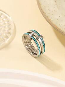1/2pcs Stainless Steel 304 Material Gold And Silver Inlaid With Light Blue Rhinestone Triple Ring Stackable Rings, Set Purchase Comes With Card, Also Available For Individual Color Purchase, Suitable For Women's Daily Decoration Or Gift - Multicolor - View 9