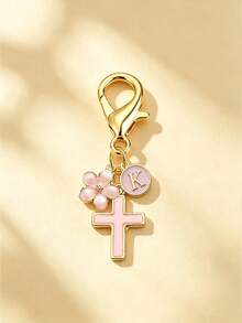1pc New 26 English Letter Optional Enamel Drip Oil Cross & Cherry Blossom Pendant, Gold Lobster Clasp Detachable Bag Charm, Girls' Portable Key Decoration Small Gift - Pink - View 13
