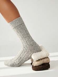 1/4/5 pares de calcetines de lana estilo romántico francés, calcetines de media pantorrilla engrosados con patrón de punto de cable para mujeres, otoño/invierno - Multicolor - Ver 5