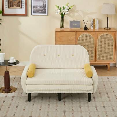 Elfenbeinfarbener Cord-Loveseat-Sofa Für Das Wohnzimmer, Als Daybed Und Relaxsessel Mit Stauraum.