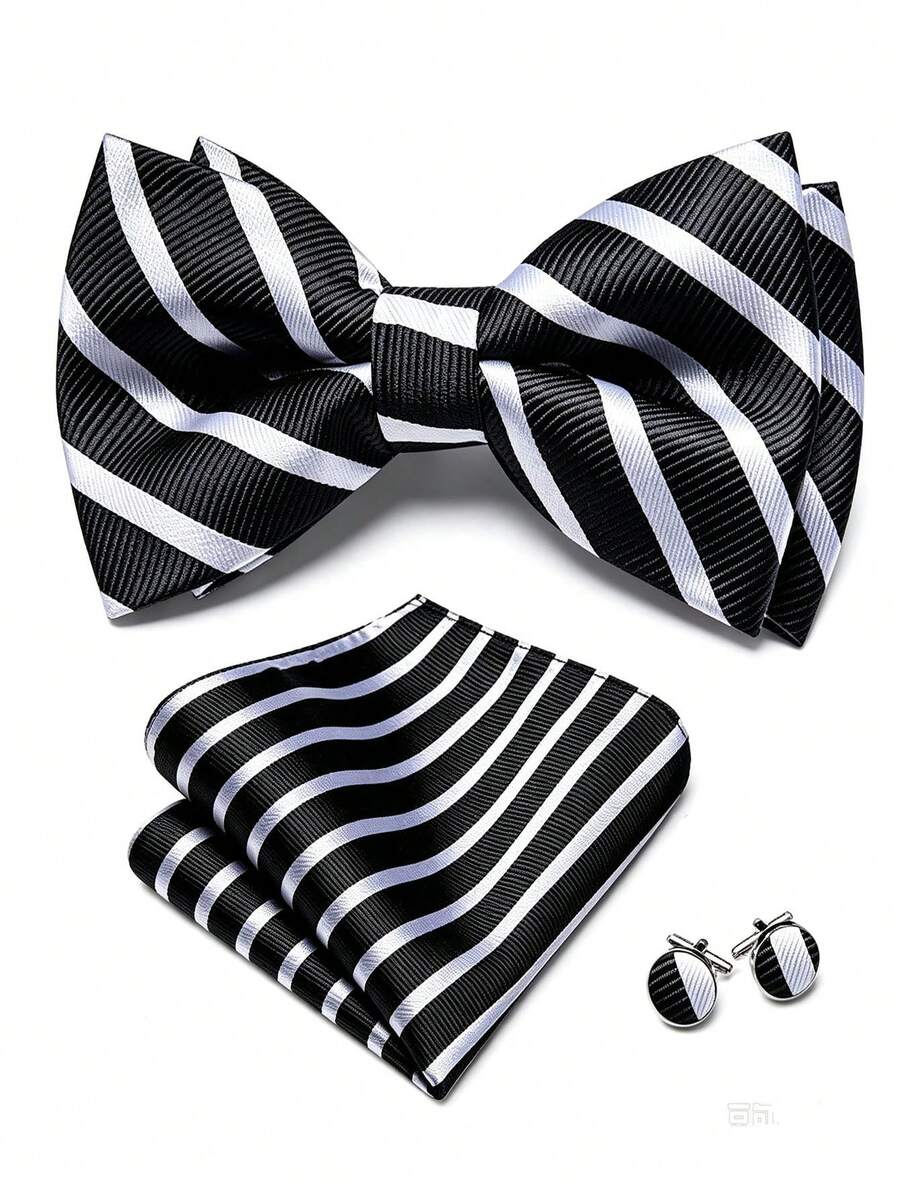 Paisley Striped Bow Tie For Men Silk Pre-Tied Bowtie Pocket Square Cufflinks Set Formal Wedding Party Prom - Black and White - View 1