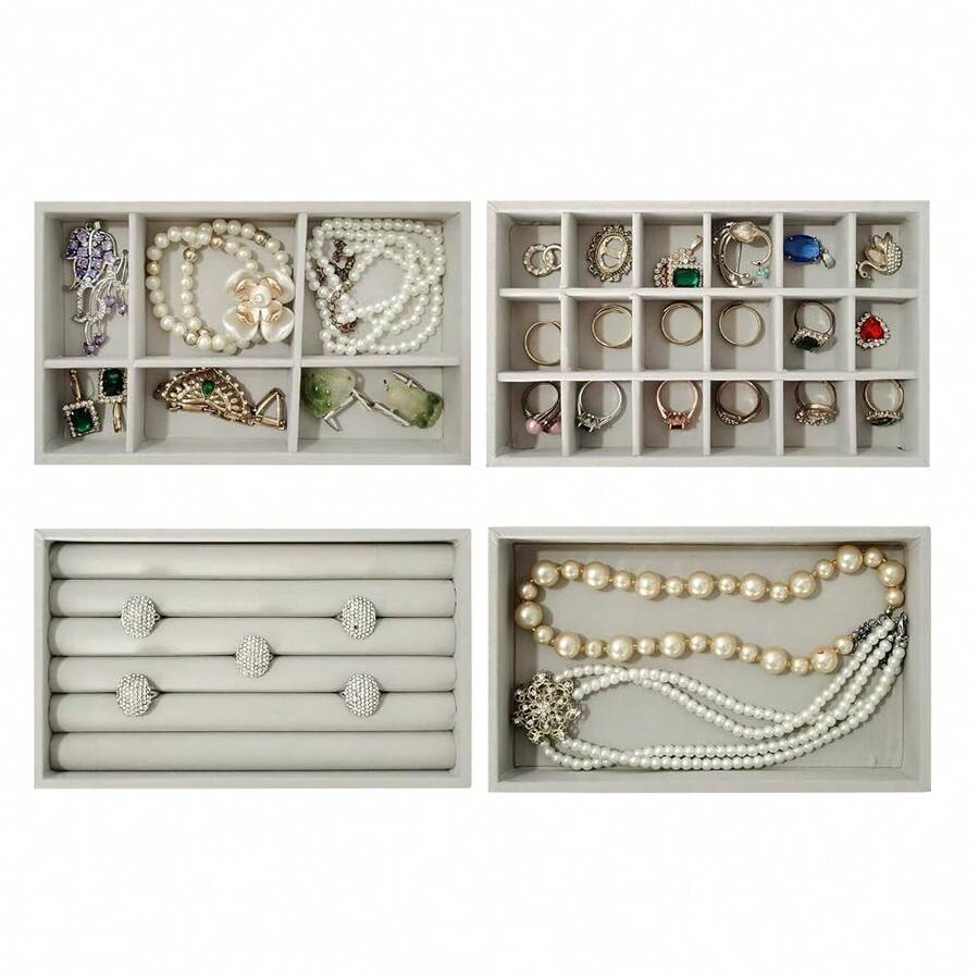 Stackable Jewelry Organizers And Storage With Velvet Jewelry Trays, Earring Organizer And Jewelry Drawer Organizer Inserts For Drawers - Grey - View 1