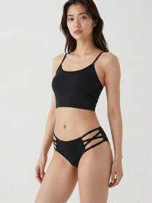 Mystèrelle 1件裝黑色前交叉性感女款內褲 無縫舒適三角內褲 - 黑色 - 查看 2