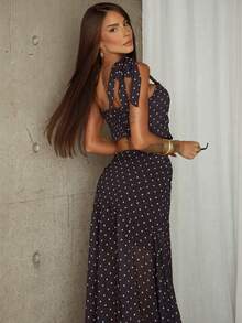Conjunto Feminino Saia Longa Cropped Poá Musseline com Lenço, Amarração e Forro - Preto - Visão 6