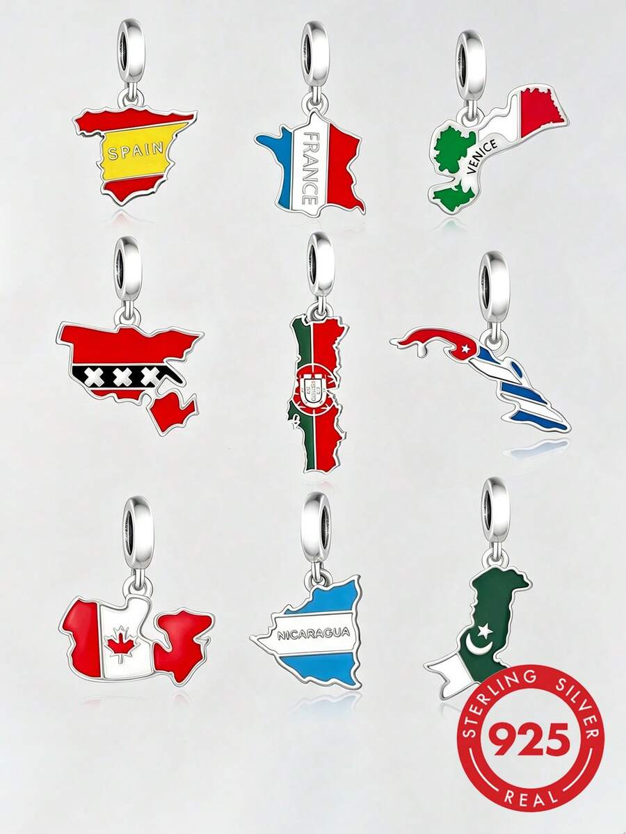 HuooNew 1 pieza Abalorios de plata de ley 925 con diseño minimalista de mapa, regalo conmemorativo unisex, DIY - Plateado - Ver 1