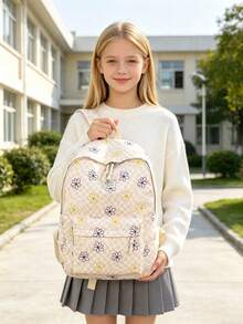 1 Set Back To School Backpack Set - Checkerboard/Floral Print Large Capacity Backpack + Lunch Bag + Pencil Case Multi-Piece Set, With Laptop Compartment School Bag, Durable Nylon Backpack, Adjustable Shoulder Straps Backpack - Lightweight Portable Zipper Bag, Suitable For Students/Teenagers/Graduates, Perfect For Outdoor/Travel/Middle School/High School/College, College Essential Backpack - Yellow - View 6