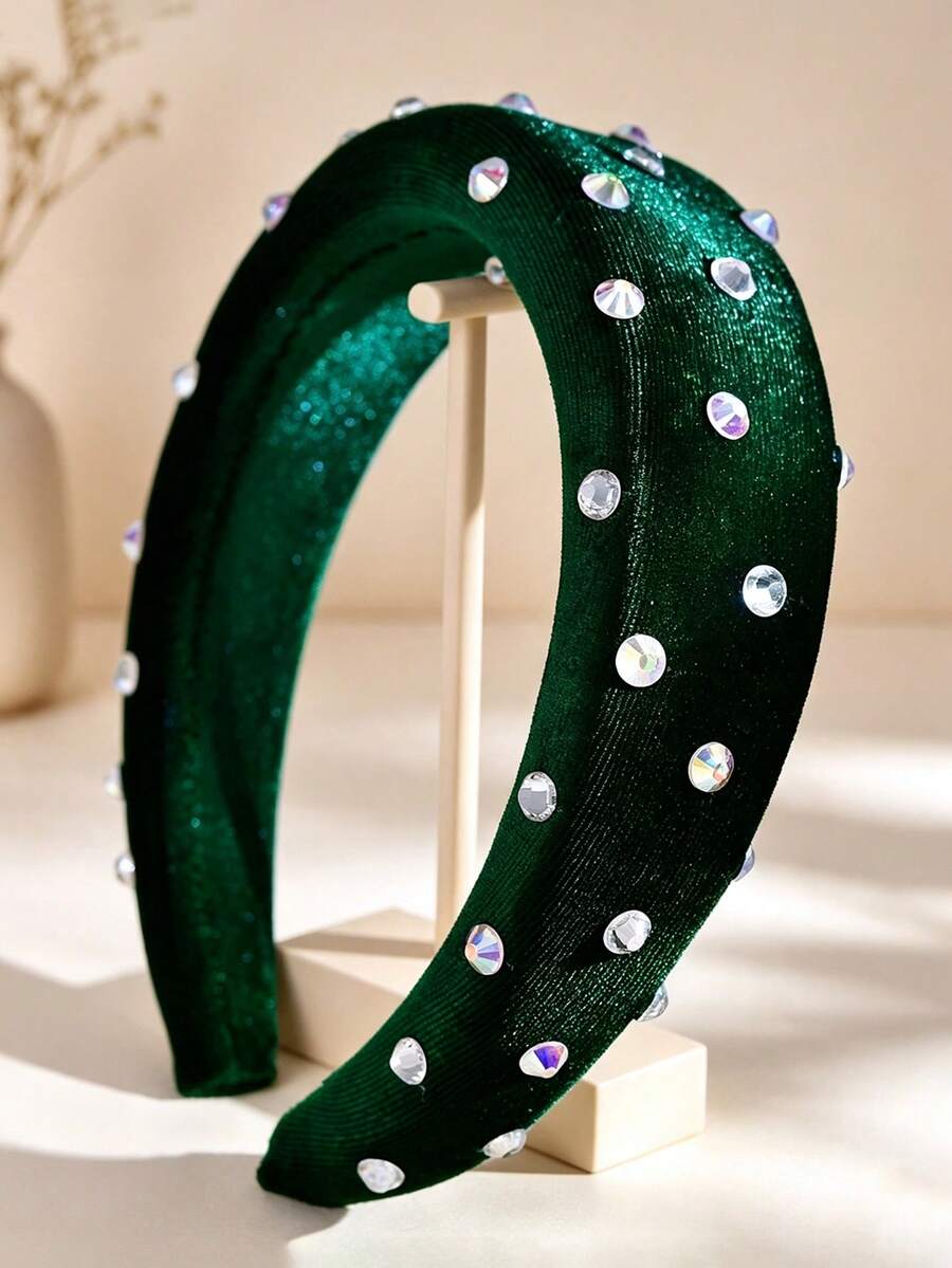 1 buah Bando Beludru Hijau Vintage Berbantalan dengan Rhinestone Berkilau, Aksesori Rambut Pita Lebar untuk Wanita, Pesta Liburan dan Kasual