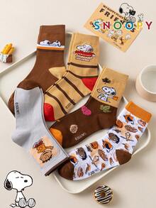 1/5/10 Pairs Snoopy Socks, Maillard Vintage Style Mid-Calf Socks, Color Block Striped Personalized Print, Daily Wear, Fun Christmas Gift - Multicolor - View 6