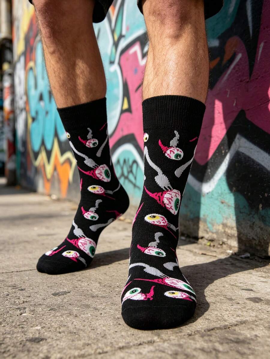 1 Pair Men's Black Bottom Colorful Eyeball All-Over Print Mid-Calf Socks, Dark Fun Socks, Suitable For Spring/Autumn/Daily Wear/Halloween Party - Multicolor - View 1
