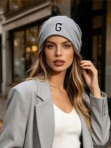 1pc Unisex Soft Elastic Loose Knit Beanie, A-Z 26 Letter Pattern, Lightweight Casual Skull Cap, Elastic Headwear, Suitable For City Walks And Short Trips - Grey - View 2