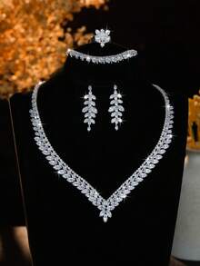 5pcs Luxury Zirconia Leaf Shaped Necklace, Earrings, Bracelet, Ring Jewelry Set, Elegant And Fashionable For Wedding, Party, Daily Commute - Gold - View 7