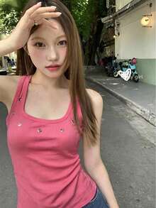 性感春夏U領細肩帶背心，修身顯瘦無袖針織上衣休閒款 - 玫粉色 - 查看 2