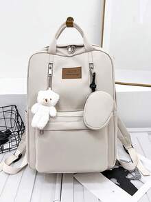 2pcs/Set Women's Nylon Fashion Backpack With Double Straps And Pendant Accessory, Sold Together - Beige - View 8