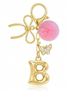 Cute Minimalist A-Z Initial Gold Keychain With Bowknot Pink Fur Ball Key Chain For Women's Bags, Daily Wear And Gift - Gold - View 23