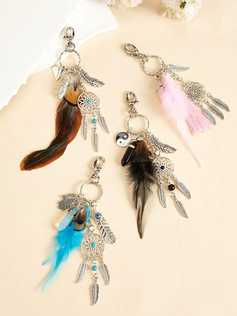 Dream Catcher Keychain, Boho Feather Yin Yang Tai Chi Key Ring, Cute Bag Charm, Backpack Pendant, Purse Decoration, Gift For Women - Multicolor - View 1