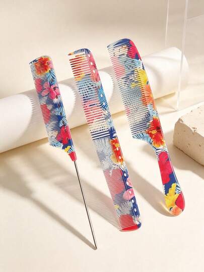 3Pcs/1pc Tropical Floral Print Hair Styling Comb Set, Rat Tail Pin Comb, Barber Cutting Comb, Fine Tooth Parting Comb, Anti Static Hairdressing Tool For Salon Professional & Daily Hairstyle Making, Heat Resistant Portable Hair Grooming Accessory