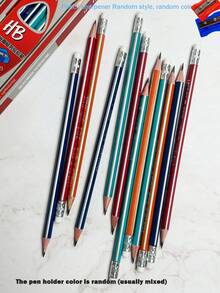 12支多色條紋黑色HB鉛筆附橡皮擦+1個隨機鉛筆削筆器，書寫順滑、握感舒適，適合繪圖素描、學習與考試，文具鉛筆套組，開學文具用品 - 彩色 - 查看 5
