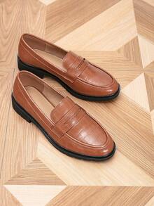 Women's Vintage Crocodile Embossed Chunky Heel Loafers Round Toe Elegant Retro Commuter Casual Shoes - Brown - View 7