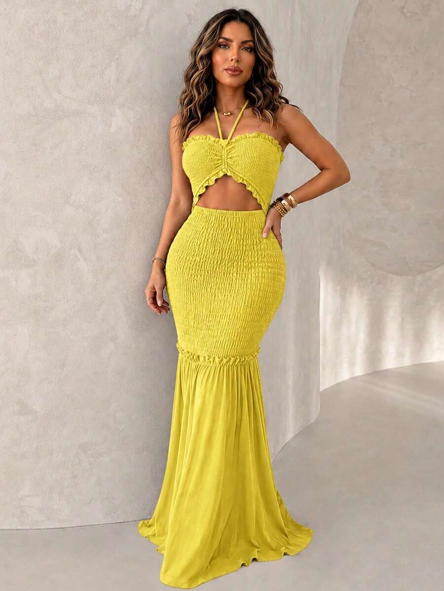 ChicMe Women's Strapless Drawstring Waist Ruched Mermaid Hem Bodycon Party Dress, Sexy For Party And Holiday Wear