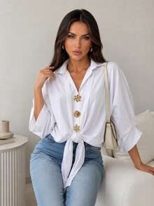 ChicMe Women's Palace Style Lapel Batwing Sleeve Gold Floral Button Front Loose Tie Front Casual Blouse - White - View 1
