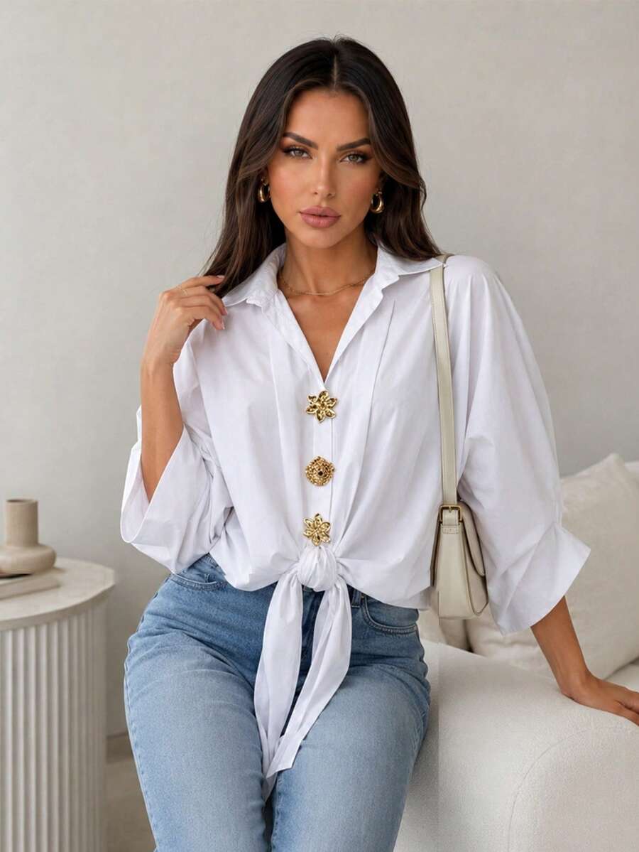 ChicMe Women's Palace Style Lapel Batwing Sleeve Gold Floral Button Front Loose Tie Front Casual Blouse - White - View 1