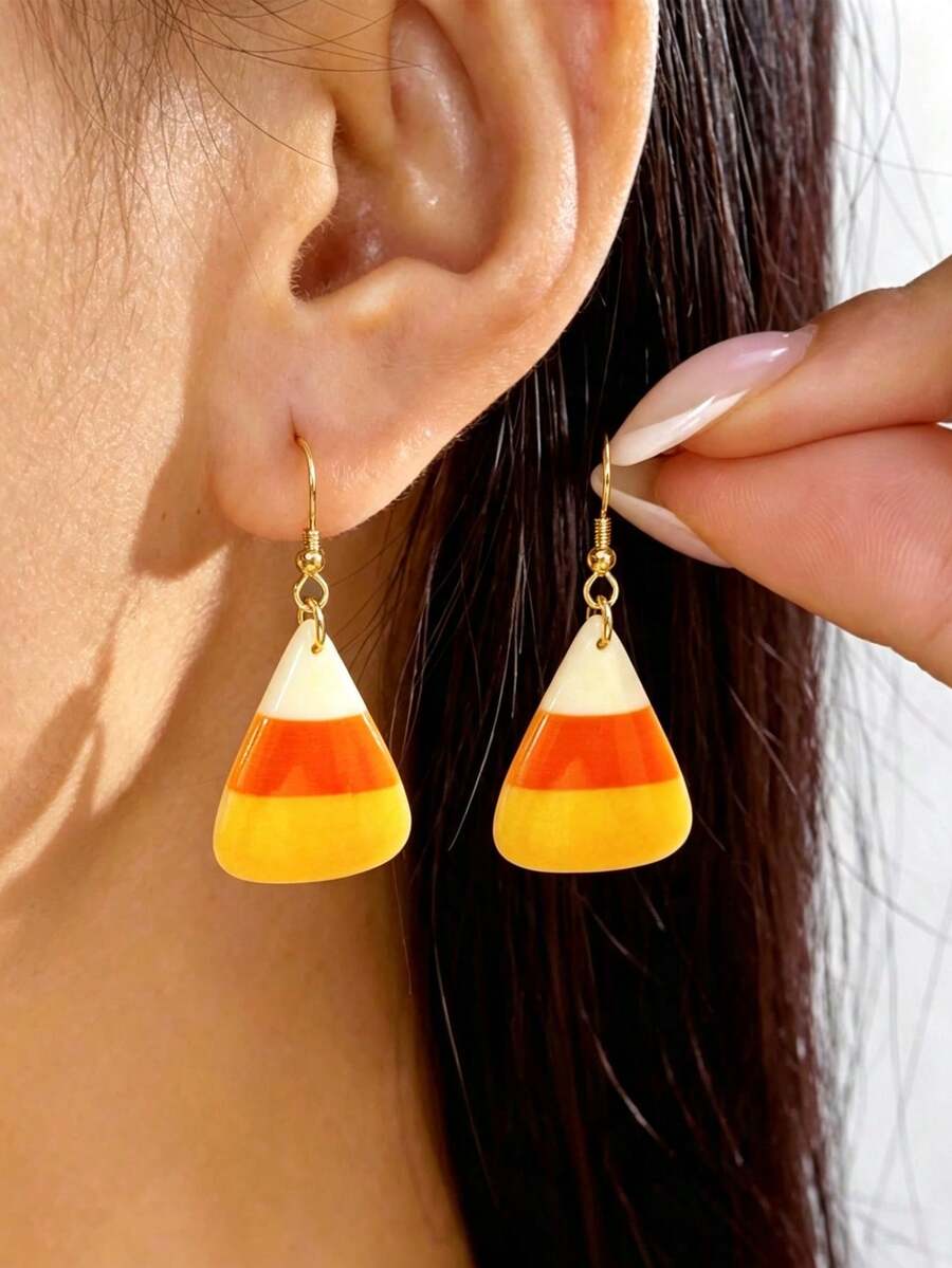 1 par de pendientes lindos y a la moda de maíz de caramelo de Halloween, adecuados para que las mujeres los usen en cualquier ocasión, accesorios para fiestas de Halloween - Amarillo - Ver 1